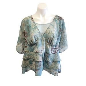 Lane Bryant Aqua Pasily Chiffon Layered Babydoll Blouse Y2K Whimsigoth 14/16